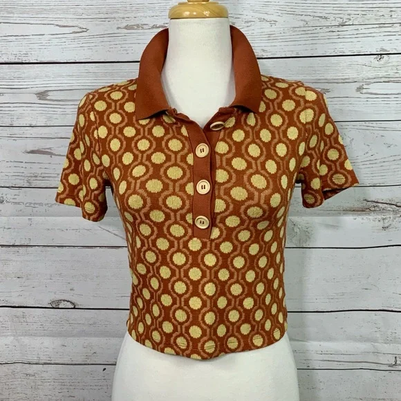 Zara Crop Collared Buttons Burnt Orange yellow Thin Soft Knit Top - Picture 5 of 11